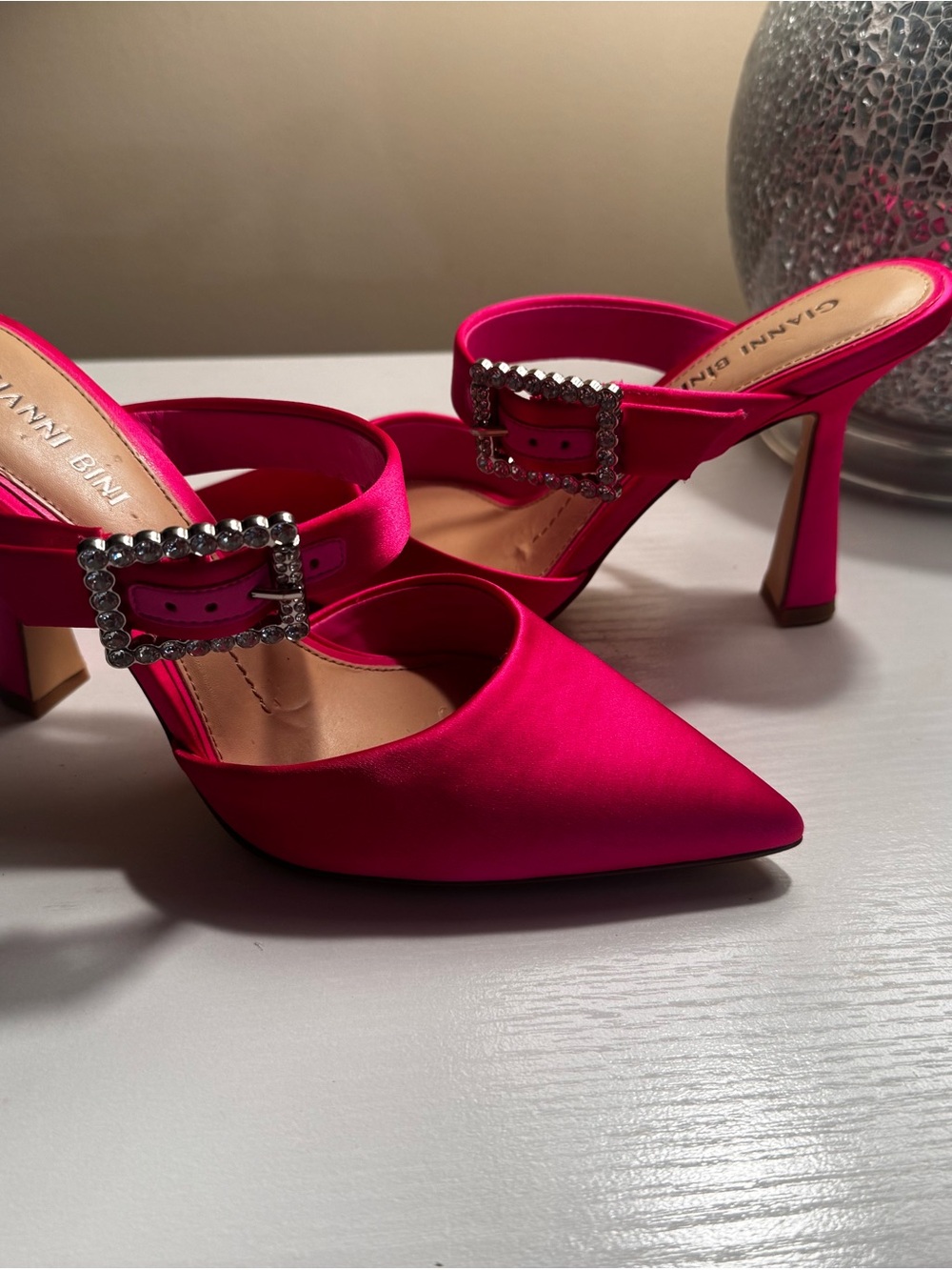 Gianni Bini Hot Pink Satin Pointed Mule with Rhinestone Buckle